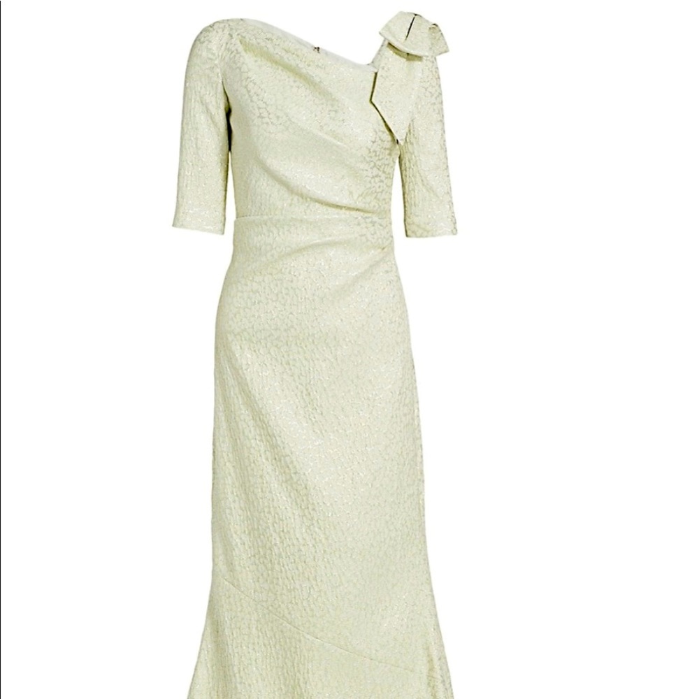 Teri Jon by Rickie Freeman Metallic Bow Shoulder Gown